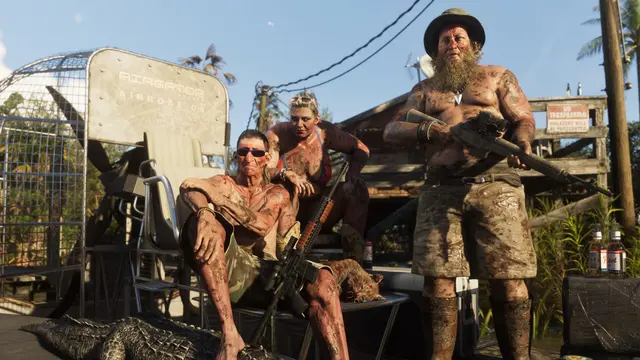 Caçadores armados ao lado de jacarés abatidos num deque em Grassrivers, captura oficial do GTA 6