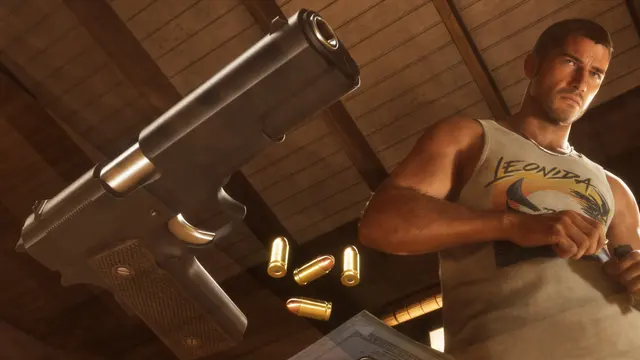 Pistola estilo 1911 em primeiro plano, com balas no ar e Jason ao fundo, captura oficial do GTA 6