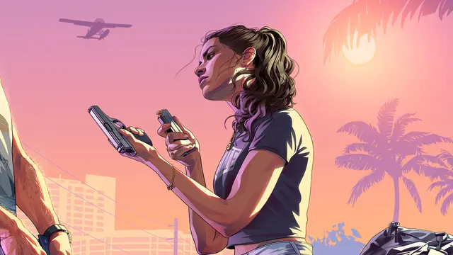 Lucia segurando uma pistola e um carregador em arte oficial do GTA 6
