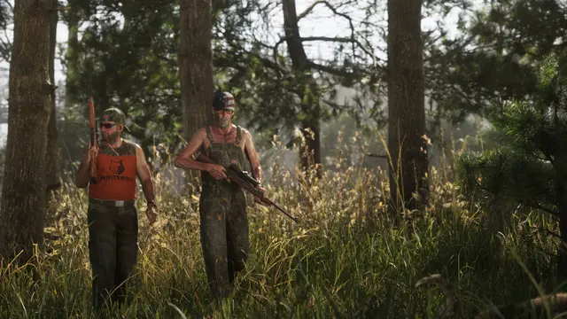 Dois caçadores armados com rifles na mata de Mount Kalaga, captura oficial do GTA 6