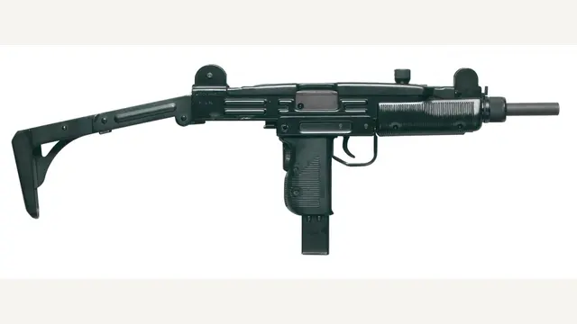 Submetralhadora Uzi real com coronha dobrável (foto de referência real, não é imagem do GTA 6)