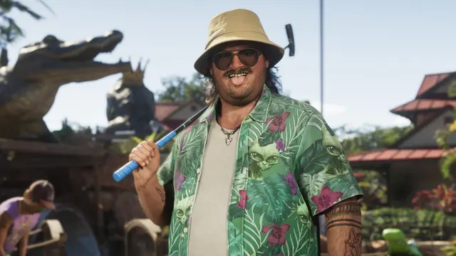 Cal Hampton com um taco de golfe no ombro num minigolfe, captura oficial do GTA 6