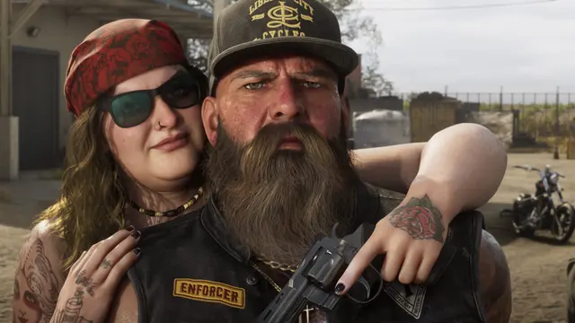 Casal de motoqueiros em Ambrosia, em captura oficial do GTA 6