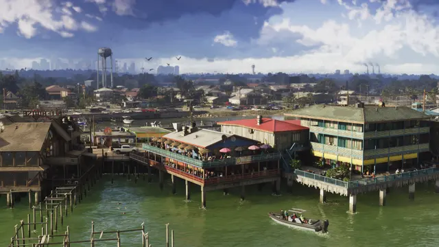 Casas sobre a água em Grassrivers, em captura oficial do GTA 6