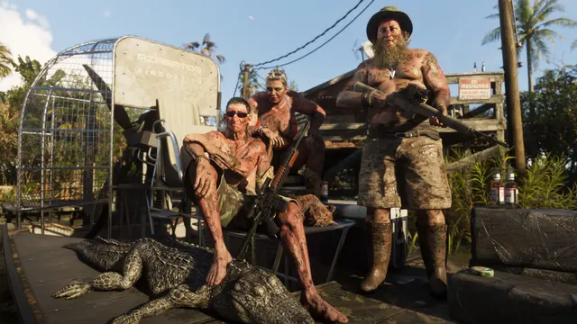 Moradores com jacarés capturados em frente a um trailer em Grassrivers, em captura oficial do GTA 6