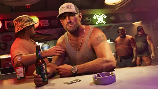 Jason Duval bebendo com amigos no bar, em captura oficial do GTA 6
