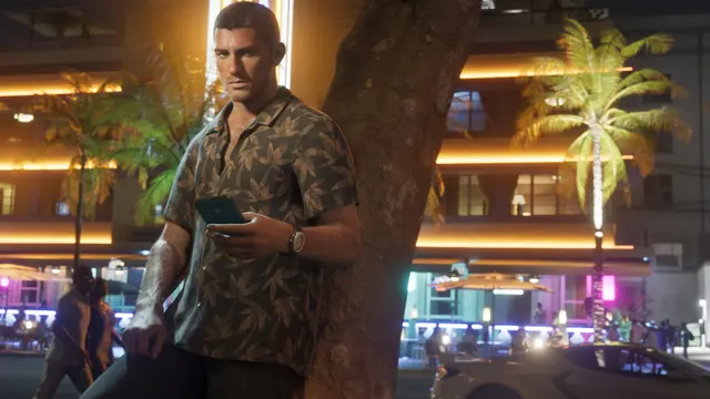Jason Duval em um bar à noite, em captura oficial do GTA 6