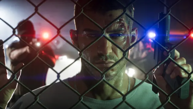 Jason Duval atrás da cerca com luzes da polícia, em captura oficial do GTA 6