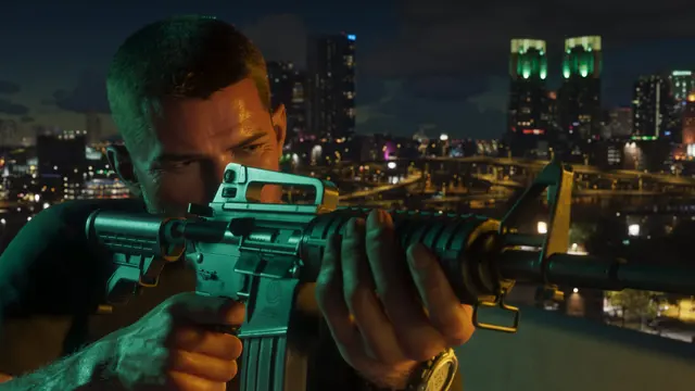 Jason Duval armado com fuzil à noite, em captura oficial do GTA 6