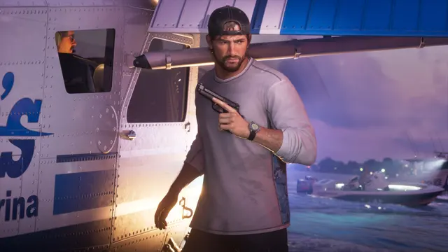 Jason Duval na marina, em captura oficial do GTA 6