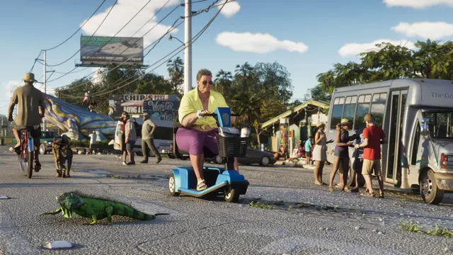 Iguana-verde atravessando a rua de uma vila em Leonida Keys, em captura oficial do GTA 6