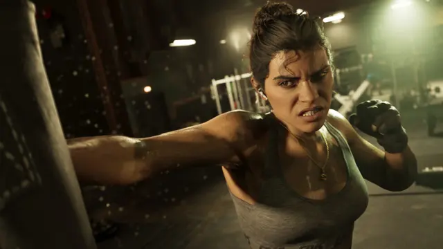 Lucia Caminos com arma à noite, em captura oficial do GTA 6