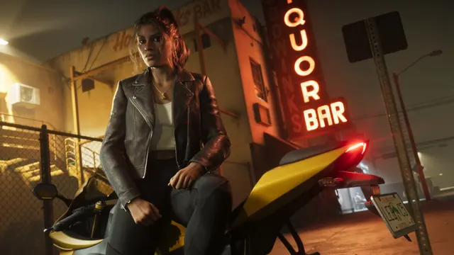 Lucia Caminos em frente a um bar com letreiro neon, em captura oficial do GTA 6