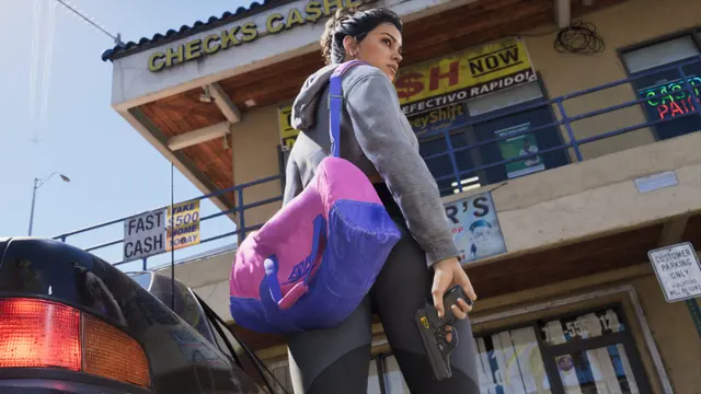 Lucia Caminos de mochila em um motel, em captura oficial do GTA 6
