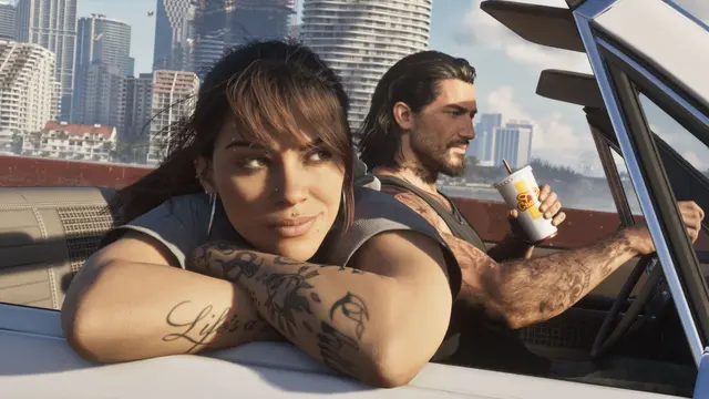 Lucia e Jason conversando no carro, em captura oficial do GTA 6