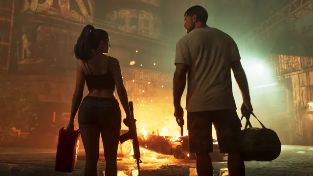 Lucia e Jason caminhando perto de um incêndio, em captura oficial do GTA 6