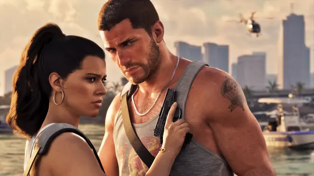 Lucia e Jason com o horizonte de Vice City, em captura oficial do GTA 6