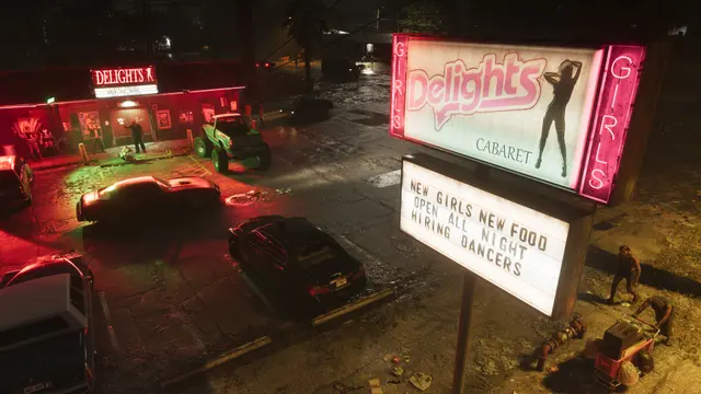 Letreiro neon de cabaré em Port Gellhorn, em captura oficial do GTA 6