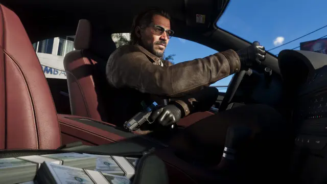 Raul Bautista dirigindo com dinheiro e arma, em captura oficial do GTA 6