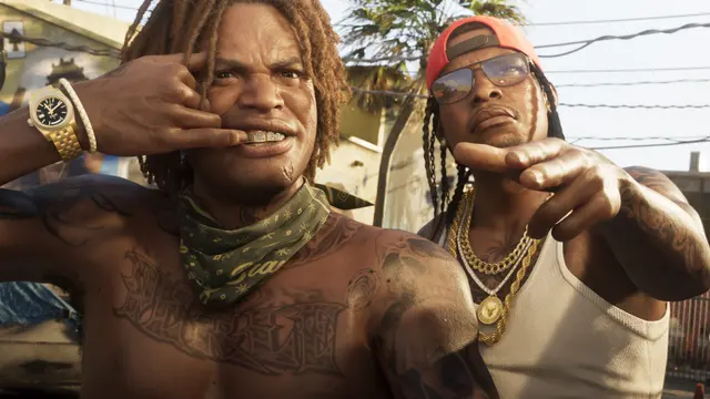 Dupla posando na rua em Vice City, em captura oficial do GTA 6