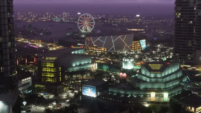Vice City à noite com roda-gigante, em captura oficial do GTA 6