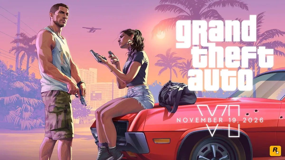 Arte oficial do GTA 6 com Lucia e Jason e a data de lançamento, 19 de novembro de 2026