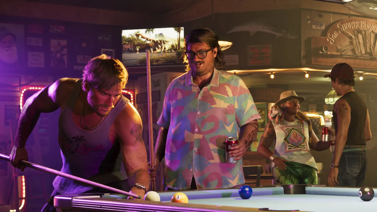 Bar com mesa de sinuca em Leonida, em imagem oficial do GTA 6