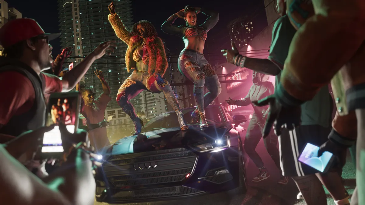 Festa de rua à noite em Vice City, em imagem oficial do GTA 6