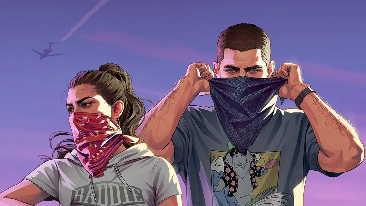 Lucia e Jason com o rosto coberto por bandanas, em arte oficial do GTA 6