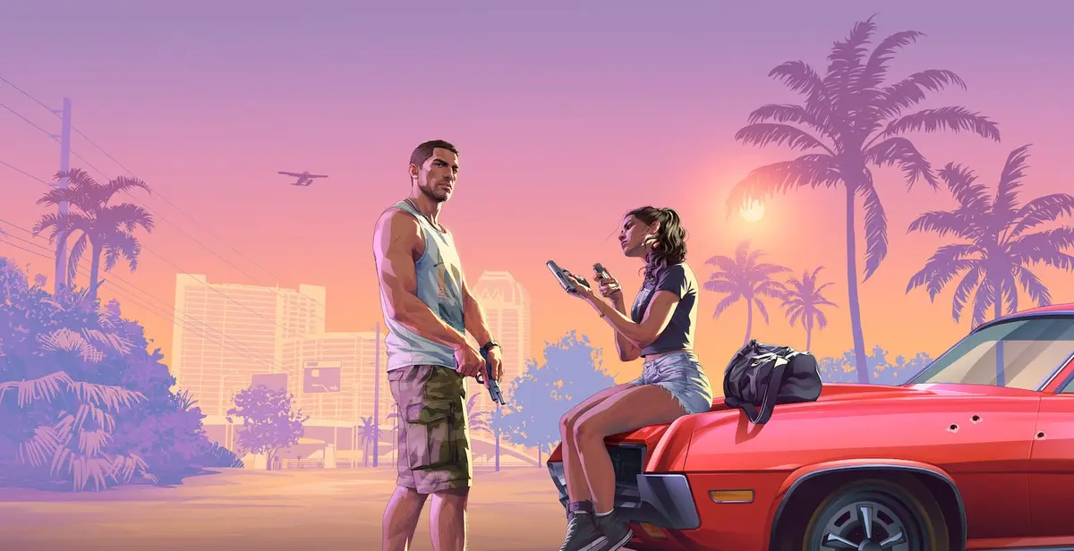 Lucia e Jason, protagonistas do GTA 6, ao lado de um carro vermelho em Vice City