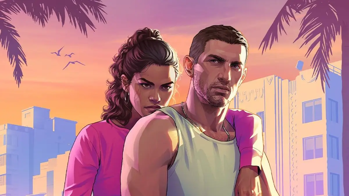 Lucia e Jason sentados em uma moto em Vice City, arte do primeiro trailer do GTA 6