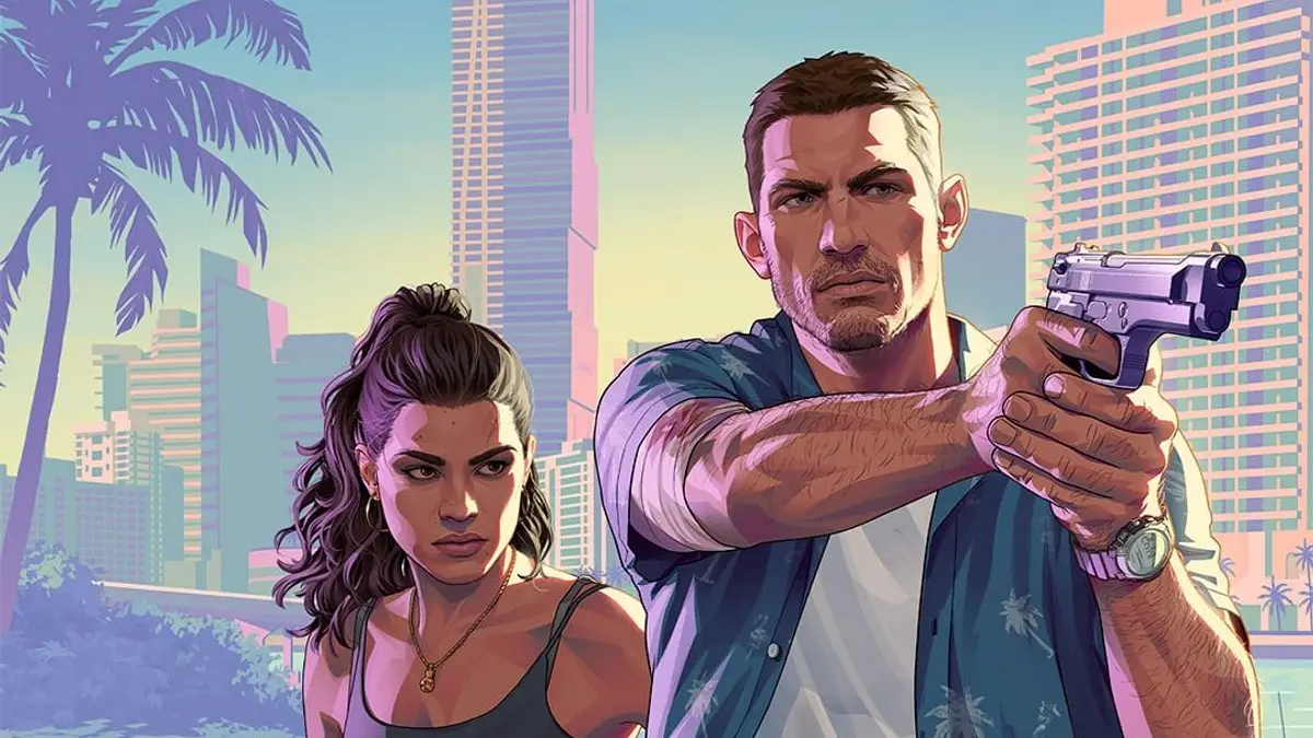 Lucia e Jason armados em um píer de Leonida, arte do segundo trailer do GTA 6