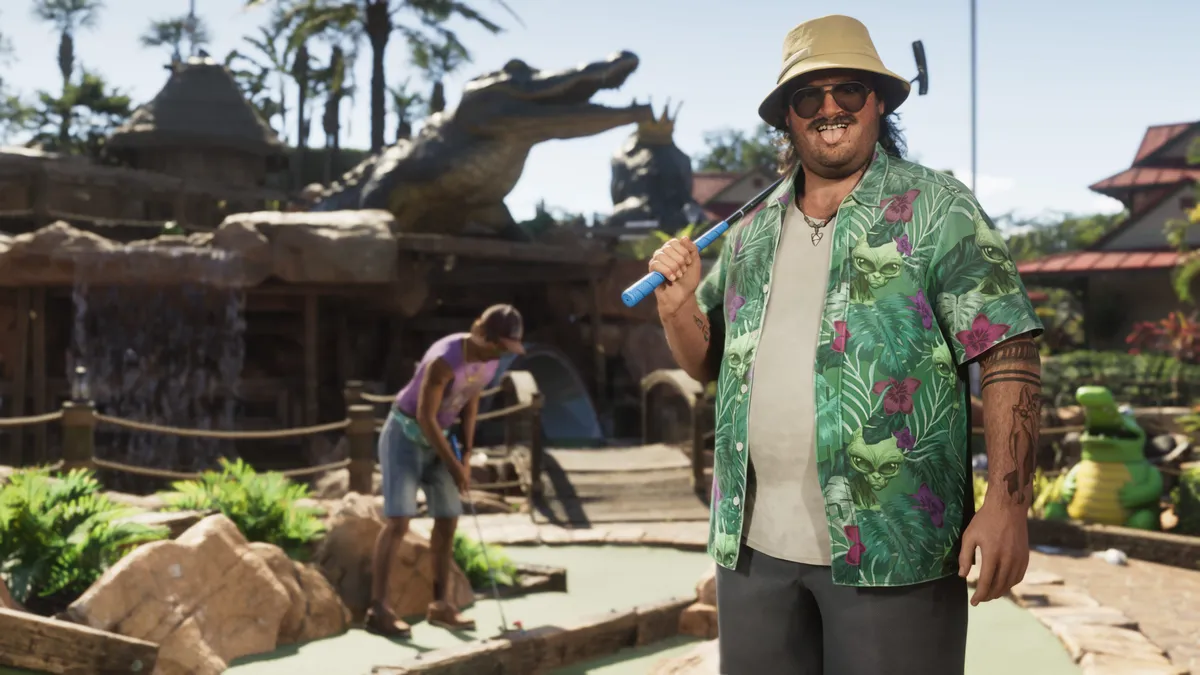 Minigolfe com estátua de jacaré em Leonida, em imagem oficial do GTA 6