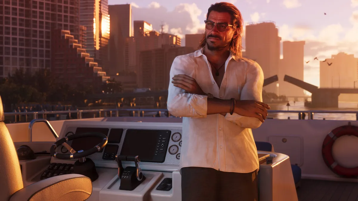 Pôr do sol em Vice City visto de um iate, em imagem oficial do GTA 6