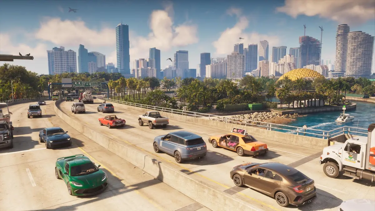 Via expressa de Vice City com o horizonte da cidade ao fundo, no GTA 6