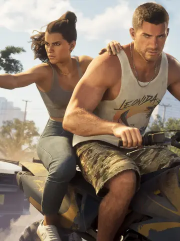 Lucia e Jason fugindo da polícia de moto no GTA 6