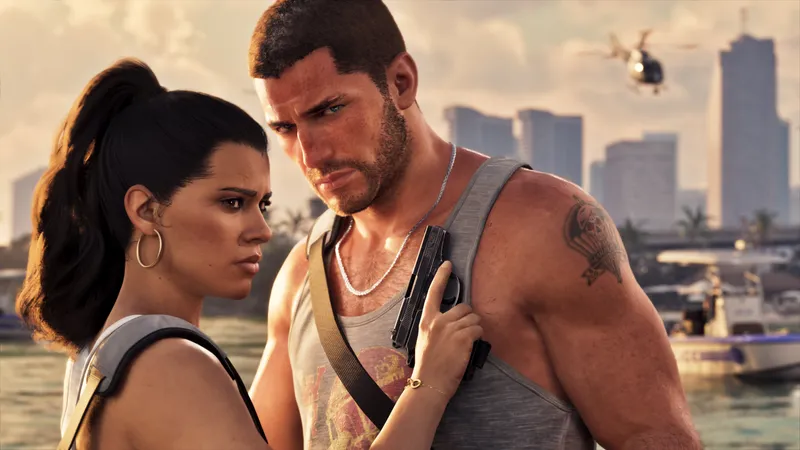Wallpaper do GTA 6: Lucia e Jason com Vice City ao fundo
