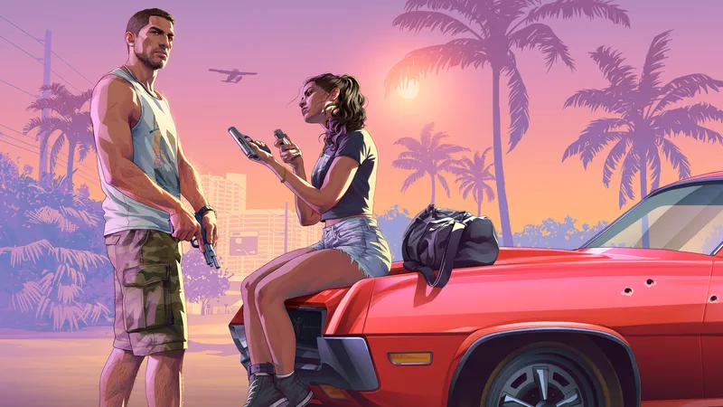 Wallpaper do GTA 6: Lucia e Jason no carro vermelho