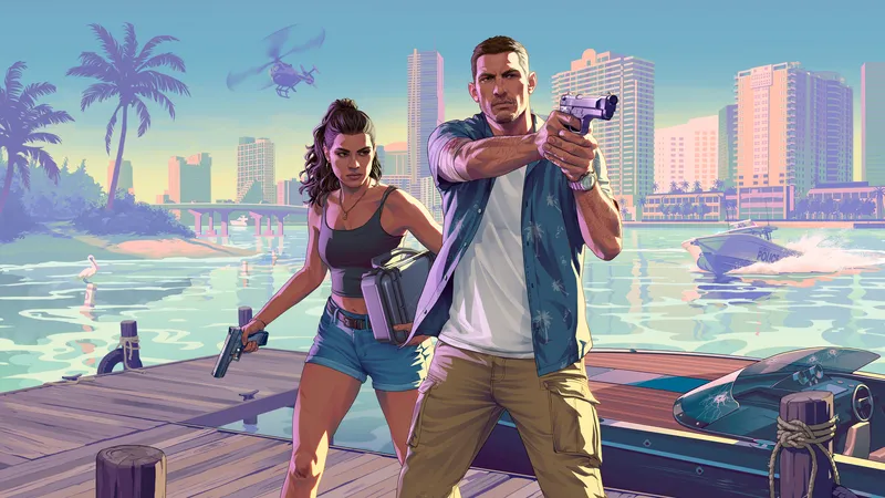 Wallpaper do GTA 6: Lucia e Jason armados no píer